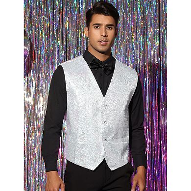 Sequin Suit Vest For Men's V-neck Sleeveless Disco Sparkly Waistcoat