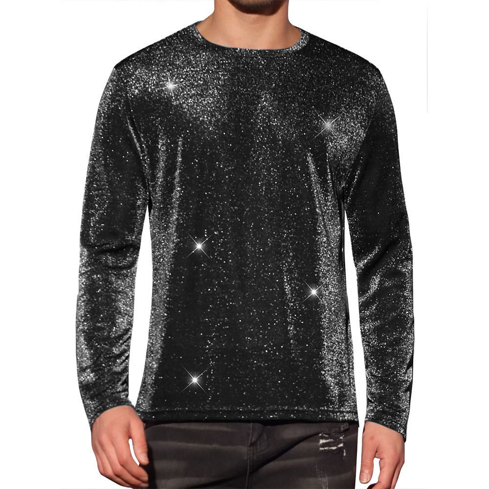 ★LUV IS TRUE★ TH SEETHROUGH GLITTER LAYERED TEEBLACK Mesh Sheer T-Shirt for Men's Long Sleeves Club Party Glitter