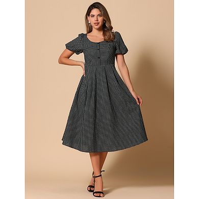 Plaid Maxi Dress for Women's Summer Pleated Back Button Decor Puffy Sleeve Dresses