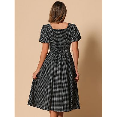 Plaid Maxi Dress for Women's Summer Pleated Back Button Decor Puffy Sleeve Dresses