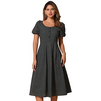 Plaid Maxi Dress For Women's Summer Pleated Back Button Decor Puffy Sleeve Dresses