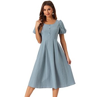 Plaid Maxi Dress For Women's Summer Pleated Back Button Decor Puffy Sleeve Dresses