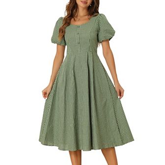 Plaid Maxi Dress For Women's Summer Pleated Back Button Decor Puffy Sleeve Dresses