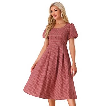 Plaid Maxi Dress For Women's Summer Pleated Back Button Decor Puffy Sleeve Dresses