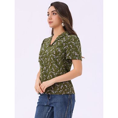 Women's V Neck Tops Elegant Casual Cherry Floral Print Notch Lapel Short Sleeve Blouse