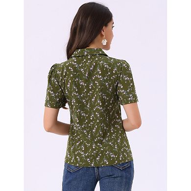 Women's V Neck Tops Elegant Casual Cherry Floral Print Notch Lapel Short Sleeve Blouse