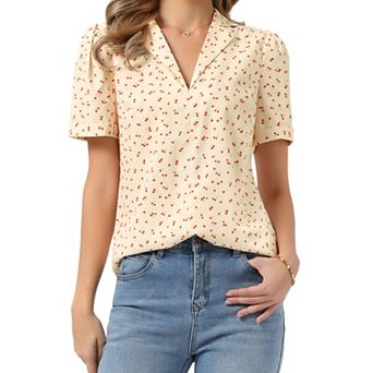 Women's V Neck Tops Elegant Casual Cherry Floral Print Notch Lapel Short Sleeve Blouse