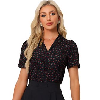 Women's V Neck Tops Elegant Casual Cherry Floral Print Notch Lapel Short Sleeve Blouse