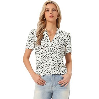 Women's V Neck Tops Elegant Casual Cherry Floral Print Notch Lapel Short Sleeve Blouse