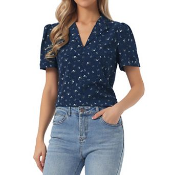 Women's V Neck Tops Elegant Casual Cherry Floral Print Notch Lapel Short Sleeve Blouse