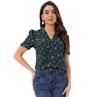 Women's V Neck Tops Elegant Casual Cherry Floral Print Notch Lapel Short Sleeve Blouse
