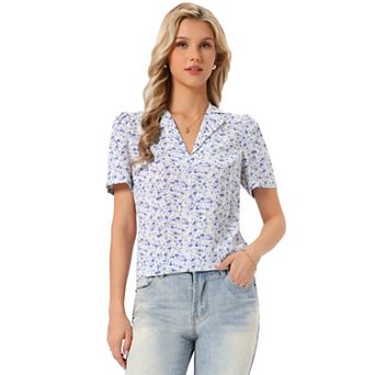 Women's V Neck Tops Elegant Casual Cherry Floral Print Notch Lapel Short Sleeve Blouse