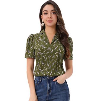 Women's V Neck Tops Elegant Casual Cherry Floral Print Notch Lapel Short Sleeve Blouse