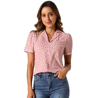 Women's V Neck Tops Elegant Casual Cherry Floral Print Notch Lapel Short Sleeve Blouse