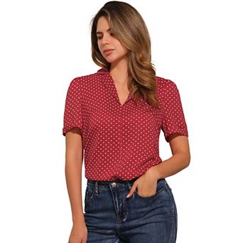 Women's V Neck Tops Elegant Casual Cherry Floral Print Notch Lapel Short Sleeve Blouse