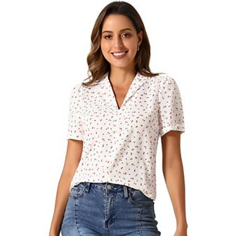 Women's V Neck Tops Elegant Casual Cherry Floral Print Notch Lapel Short Sleeve Blouse