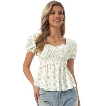 Puffy Short Sleeve Floral Blouse for Women's Sweetheart Neck Shirred Ruffle Peplum Top