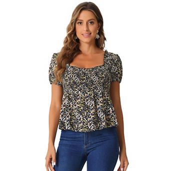 Puffy Short Sleeve Floral Blouse for Women's Sweetheart Neck Shirred Ruffle Peplum Top
