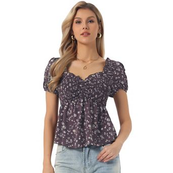 Puffy Short Sleeve Floral Blouse for Women's Sweetheart Neck Shirred Ruffle Peplum Top