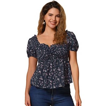 Puffy Short Sleeve Floral Blouse For Women's Sweetheart Neck Shirred Ruffle Peplum Top