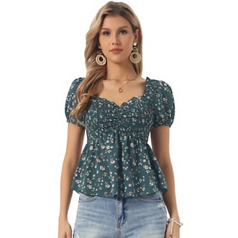 Puffy Short Sleeve Floral Blouse for Women's Sweetheart Neck Shirred Ruffle Peplum Top
