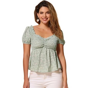 Puffy Short Sleeve Floral Blouse for Women's Sweetheart Neck Shirred Ruffle Peplum Top