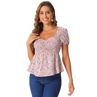 Puffy Short Sleeve Floral Blouse for Women's Sweetheart Neck Shirred Ruffle Peplum Top