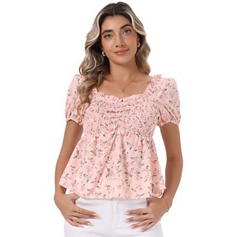 Puffy Short Sleeve Floral Blouse for Women's Sweetheart Neck Shirred Ruffle Peplum Top