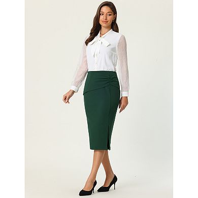 Women's Ruched Slit Skirt Elegant High Waist Knee Length Office Pencil Skirts