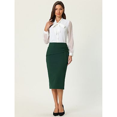 Women's Ruched Slit Skirt Elegant High Waist Knee Length Office Pencil Skirts
