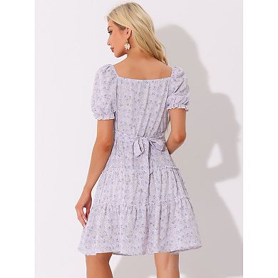 Women's Summer Tiered Floral Square Neck Puffy Sleeve Tie Back Flowy Mini Dress