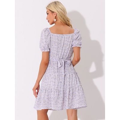 Women's Summer Tiered Floral Square Neck Puffy Sleeve Tie Back Flowy Mini  Dress