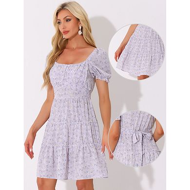 Women's Summer Tiered Floral Square Neck Puffy Sleeve Tie Back Flowy Mini Dress