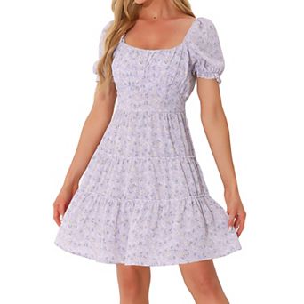 Women's Summer Tiered Floral Square Neck Puffy Sleeve Tie Back Flowy Mini Dress