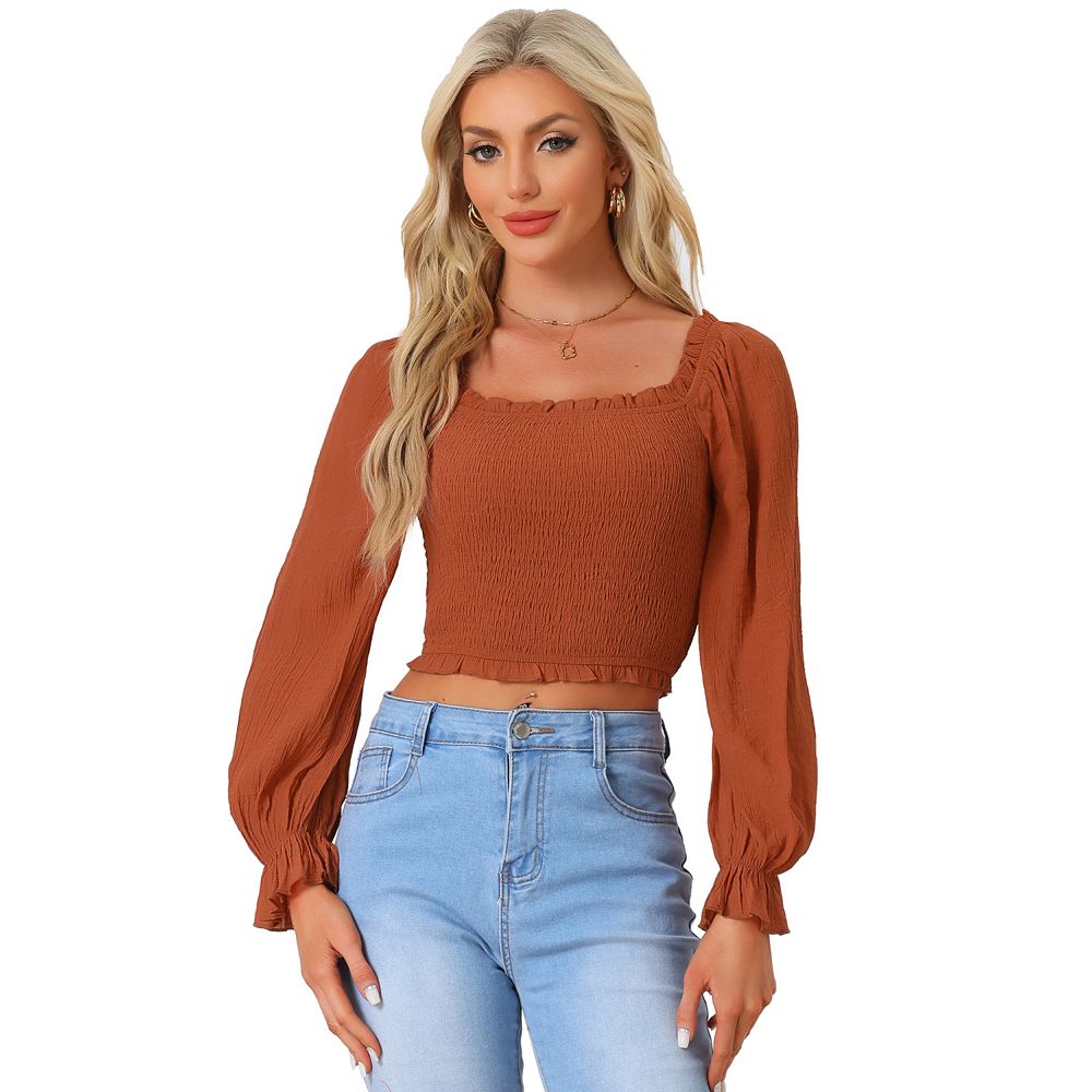 Women's Purple Square Neck Puff Sleeves Smocking Fitted Crop Top