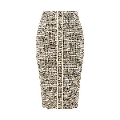 Women's Tweed Skirt Elegant High Waist Button Decor Knee Length Office Pencil Skirts