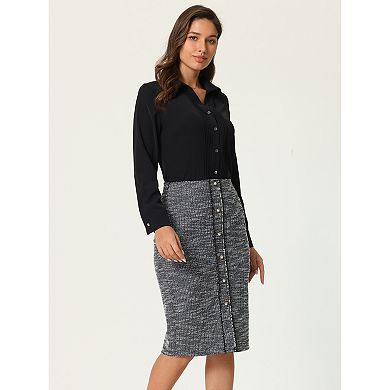 Women's Tweed Skirt Elegant High Waist Button Decor Knee Length Office Pencil Skirts