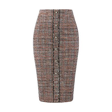 Women's Tweed Skirt Elegant High Waist Button Decor Knee Length Office Pencil Skirts