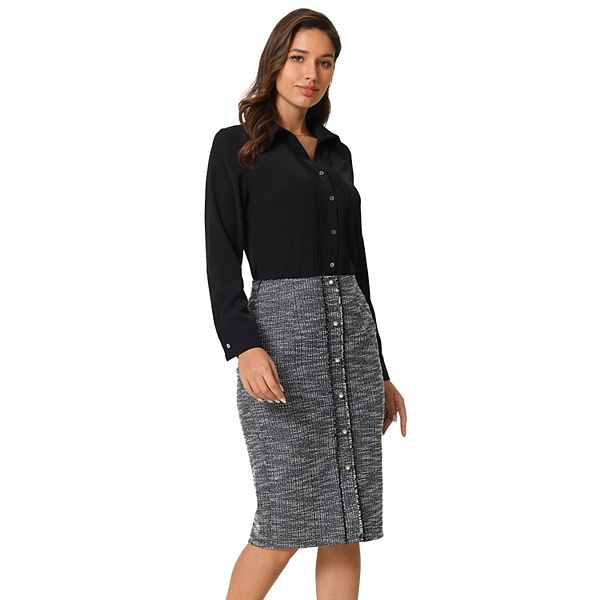 Women's Tweed Skirt Elegant High Waist Button Decor Knee