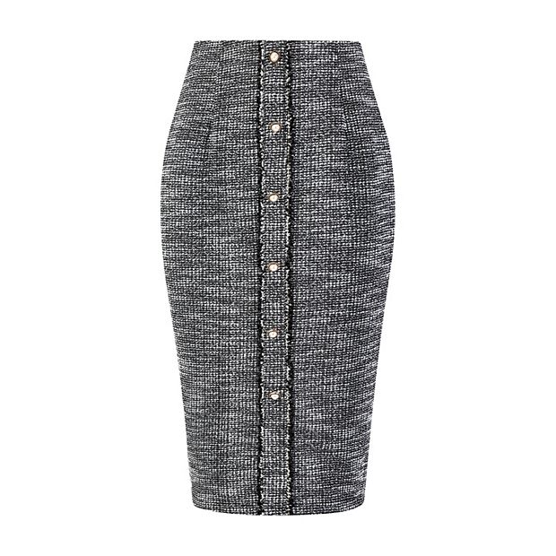Women's Tweed Skirt Elegant High Waist Button Decor Knee Women's Tweed Skirt Elegant High Waist Button Decor Knee