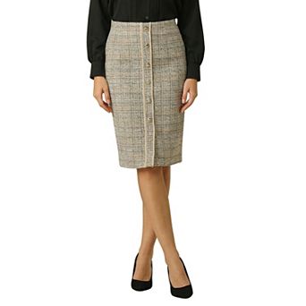 Women's Tweed Skirt Elegant High Waist Button Decor Knee Length Office Pencil Skirts