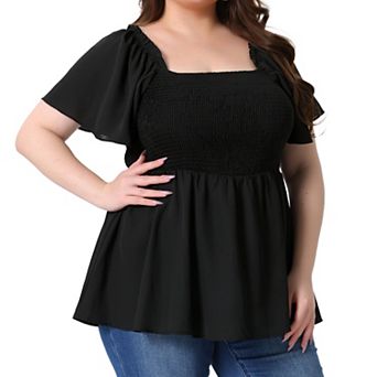 Plus Size Summer Tops For Women Square Neck Short Sleeve Ruffle Hem Casual Loose Fit Blouse Top