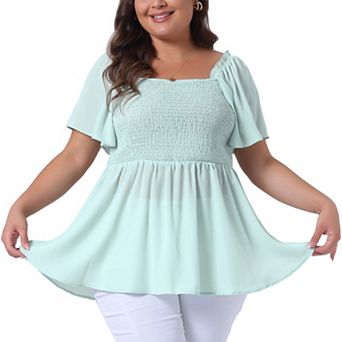 Plus Size Summer Tops For Women Square Neck Short Sleeve Ruffle Hem Casual Loose Fit Blouse Top