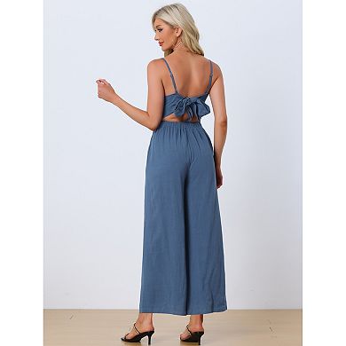 Linen Jumpsuits for Women's Casual Spaghetti Strap Sleeveless Wide Legs Rompers