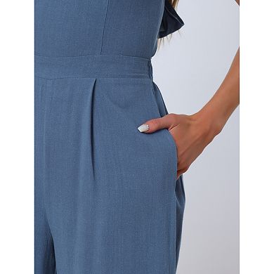 Linen Jumpsuits for Women's Casual Spaghetti Strap Sleeveless Wide Legs Rompers