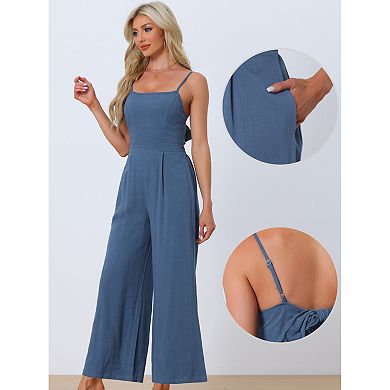 Linen Jumpsuits for Women's Casual Spaghetti Strap Sleeveless Wide Legs Rompers