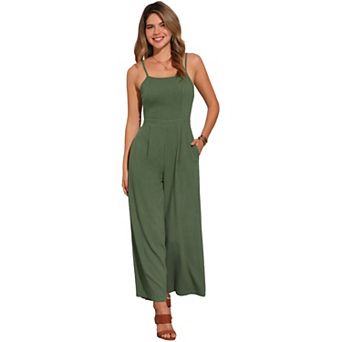 Linen Jumpsuits For Women's Casual Spaghetti Strap Sleeveless Wide Legs Rompers