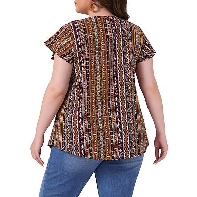 Plus Size Top for Women Boho Floral Printed Round Neck Ruffle Sleeve Blouses Shirts