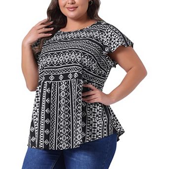 Plus Size Top for Women Boho Floral Printed Round Neck Ruffle Sleeve Blouses Shirts