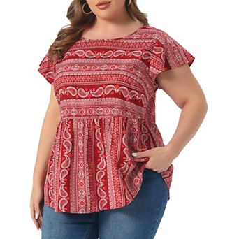 Plus Size Top for Women Boho Floral Printed Round Neck Ruffle Sleeve Blouses Shirts
